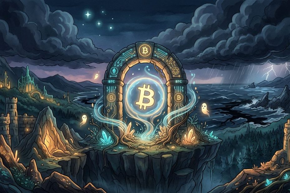 2026年3月9日加密市场动态封面图：深色奇幻风格的区块链与加密货币市场场景，表现比特币在宏观波动中震荡企稳