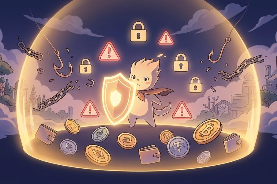 加密货币防骗指南封面：吉卜力风格守护精灵保护数字资产免受诈骗